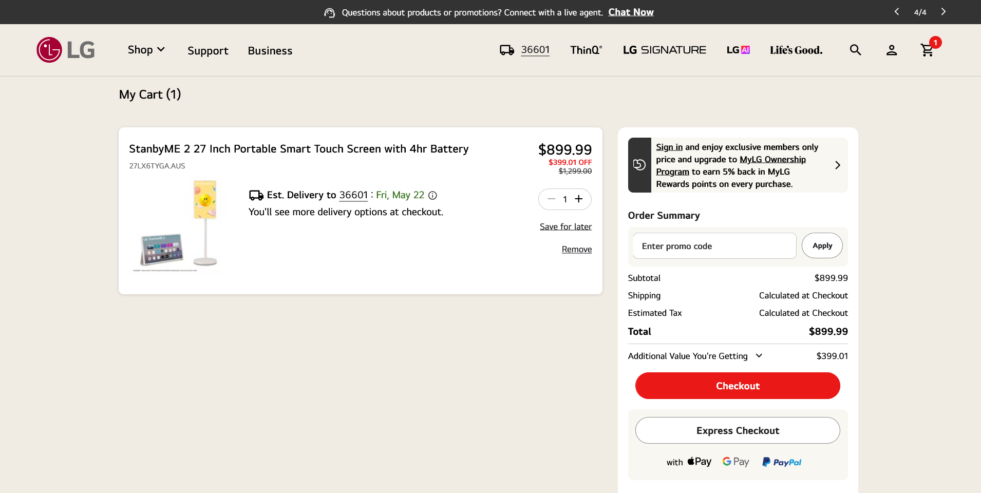 LG Electronics cart checkout screenshot